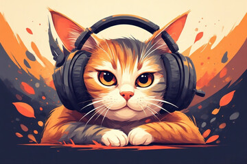 An orange tabby cat wearing black headphones, with an abstract orange and black background.