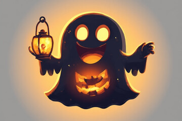 Cartoon ghost holding a lantern with a pumpkin face cutout, glowing against a light background.