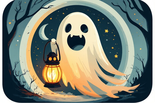 Cartoon ghost holding a lantern in a spooky night scene with moon and stars.