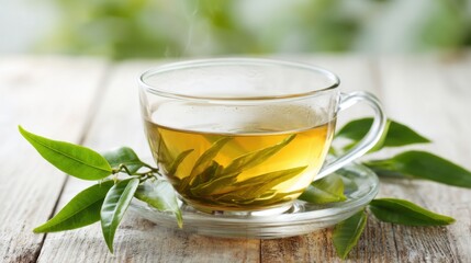 Fresh green tea steams gently in a glass cup on a rustic wooden table with vibrant leaves.
