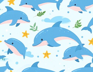 Obraz premium Playful cartoon dolphins and starfish swim in a sea of blue