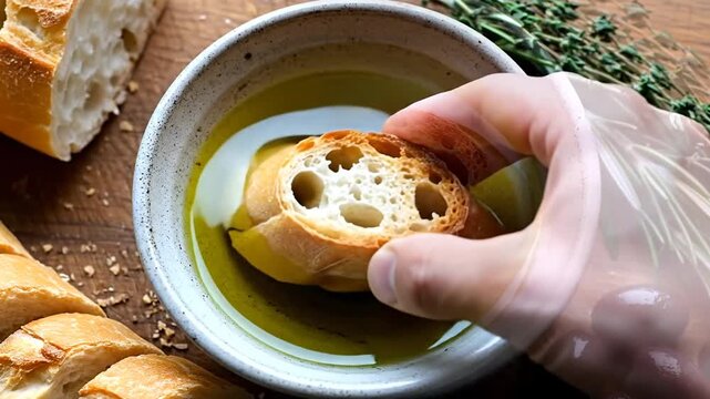 Fresh bread dipped in olive oil with olives and wooden board