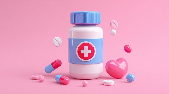 Colorful medicine bottles and capsules on a vibrant pink background to represent health, wellness, and pharmaceutical products in an artistic style.
