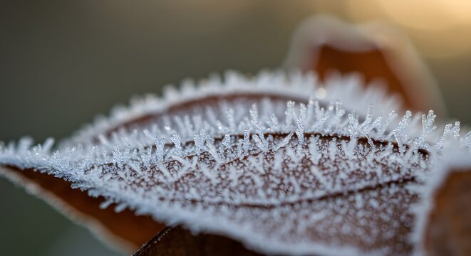 Close up of frosted leaf showing ice crystals in natural environment