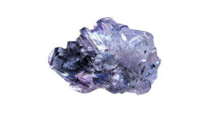 A vibrant cluster of purplish blue crystals displays intricate facets and an ethereal glow against a dark backdrop