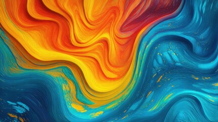 Fototapeta premium Bright swirls of orange, yellow, and blue blend together in a lively abstract design. The bold colors and fluid shapes create an engaging and energetic composition.