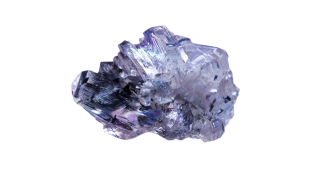 A vibrant cluster of purplish blue crystals displays intricate facets and an ethereal glow against a dark backdrop