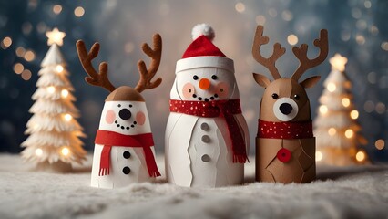 Cute Christmas Paper Crafts Snowman and Reindeer with Festive Lights Background