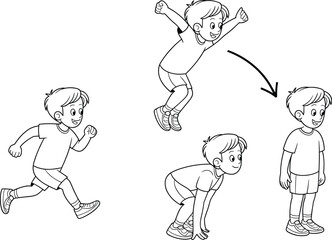 Cartoon Sequence of Child Running, Jumping, and Landing Depicting Physical Activity and Motion for Educational or Storytelling Use