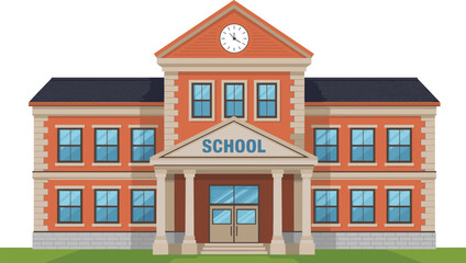Classic brick school building with clock tower, symmetrical facade, columns, windows, lawn, and sidewalk in educational vector illustration
