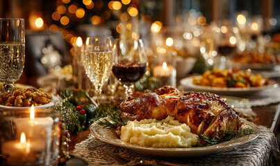 Fototapeta premium christmas dinner and eating concept - food and drinks on table at home