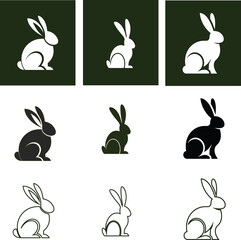 Clean rabbit icon set in different styles such as silhouette, flat, line vector logo icons, suitable for minimalist brands, eco packaging, and wellness studios.