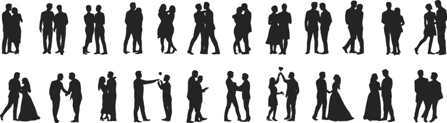 Romantic couple silhouettes in various poses, vector illustration for love, wedding, relationship, affection, companionship, and emotional design themes