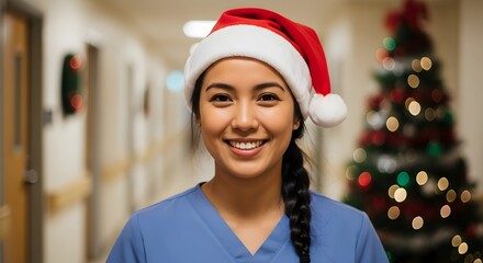 Smiling nurse wearing a santa hat in a hospital hallway with a christmas tree