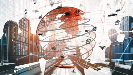 This abstract image captures the essence of global connectivity intertwined with technology,...