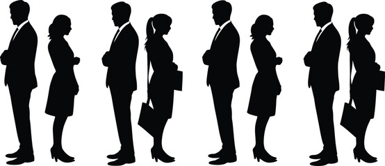 Silhouettes of Business Professionals Standing in Line Depicting Corporate Attire, Gender Representation, and Professional Social Behavior