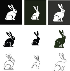 Rabbit logo vector icon set in multiple styles, including outline, silhouette, and flat on black background, ideal for branding and design projects.