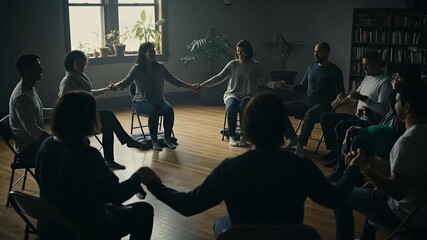 Support Group Circle Holding Hands in Dimly Lit Room with Natural Light and Dark Tones Teamwork and Community Healing Therapy Session with diverse Participants in Jeans and Dark Clothing