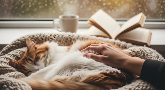 A Purrfect Morning A soft-focus photo from a cat's perspective. A human hand strokes a fluffy cat curled on a knitted blanket, with a steaming mug of coffee nationa cat lover's month,december