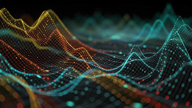A vibrant and intricate mountain range, created using computer graphics. Macro shot of dynamic convexity + skew factor graphs driven by AI, cinematic future quant finance, ai driven investment fund