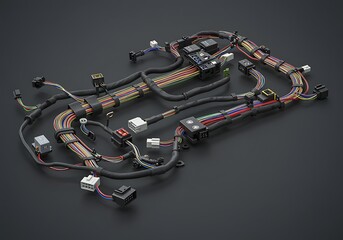Complex Wiring Harness System for Automotive Industry and Electronic Device Connectivity with Various Connectors and Colored Wires on Dark Background