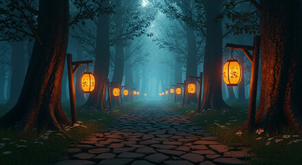 Forest path with glowing lanterns