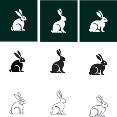 Minimal rabbit icon collection in outline, flat, and silhouette styles, ideal for apps, branding, children’s graphics, and modern design projects.
