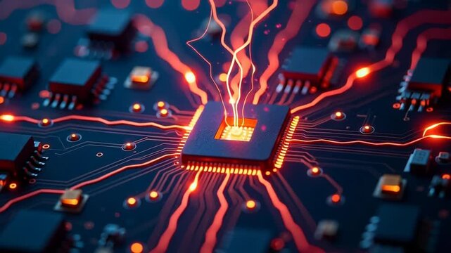 Modern dynamic circuit board with glowing connections and electrical current pulsing, perfect for tech, innovation, or futuristic concepts