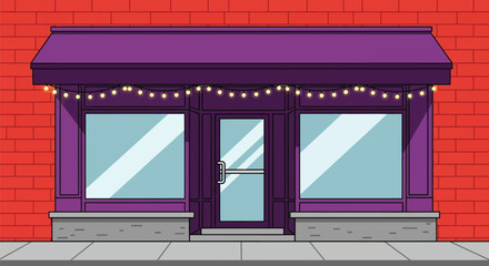 Cartoon storefront illustration with purple awning and brick wall