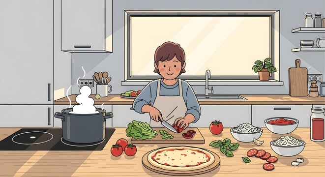 Illustration of a woman preparing pizza in a kitchen with ingredients and cooking utensils.