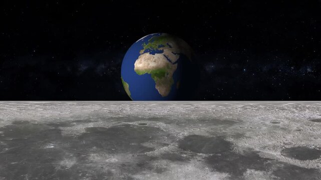 Earth viewed from lunar surface surrounded by a star-filled sky, astronomy and space exploration scene. View of Earth from the surface of the Moon with a starry sky space astronomy animation.