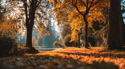 Fototapeta premium A view of a park with trees and fallen leaves in the autumn season with a lake in the background