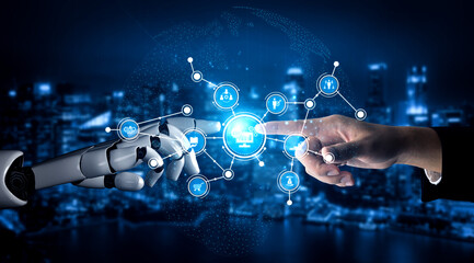 A captivating scene depicting the interaction between a human hand and a robotic hand, showcasing...