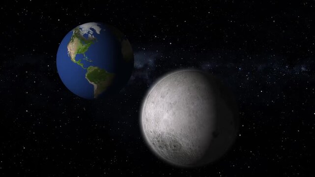 Stunning view of Earth and Moon surrounded by shining stars and nebula clouds, celestial space animation. Earth and Moon in space with a animation background of stars and nebulae astronomy celestial.