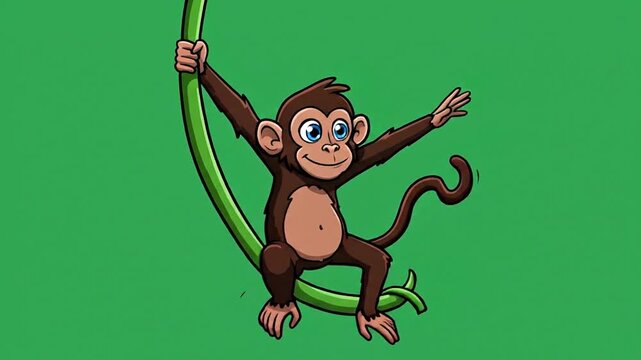 Cartoon monkey swinging on vine against green background