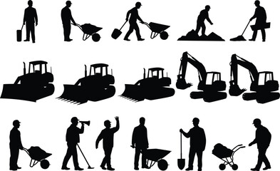 Silhouettes of Construction Workers and Vehicles Performing Site Tasks Including Shoveling, Jackhammering, Wheelbarrow Use, and Excavator Operation