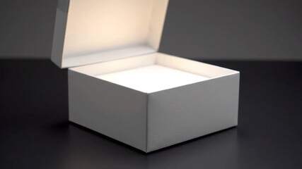 White gift box, lid ajar, with illuminated interior against a dark background, evoking mystery