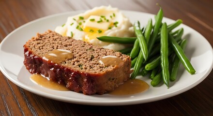 Delicious Meatloaf Dinner: A classic meatloaf dish, complete with creamy mashed potatoes, fresh green beans, and rich gravy. A culinary delight.