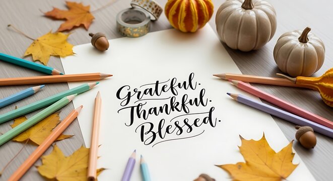 Thanksgiving Blessings: A heartwarming autumnal scene, expressing gratitude with calligraphy amidst natural elements, perfect for celebrating the season.