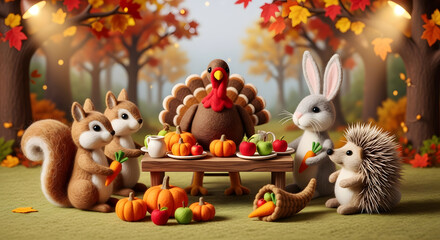 Thanksgiving Feast with Turkey and Forest Animals in Autumn Woodland Setting