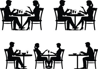 Silhouettes of Couples and Solo Diner Sitting at Tables, Engaged in Eating, Drinking, and Social Interaction in Café Setting
