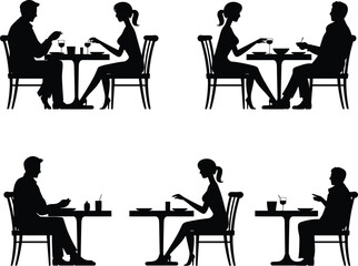 Silhouettes of Couples and Solo Diners Seated at Tables, Depicting Social and Solitary Eating in Café or Restaurant Settings