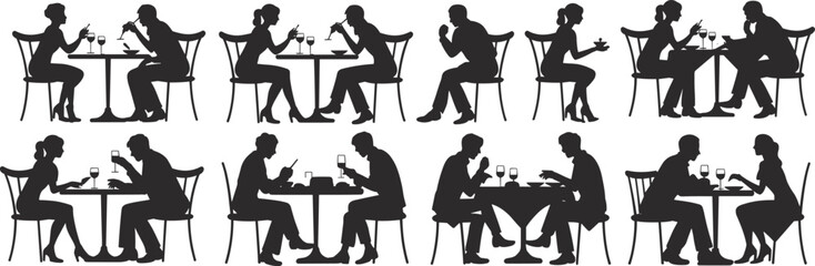 Silhouettes of Couples Dining and Conversing at Tables, Depicting Social Interaction, Technology Use, and Café or Restaurant Lifestyle