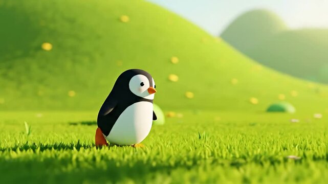 Cartoon penguin stands in grassy meadow with green hills under bright daylight
