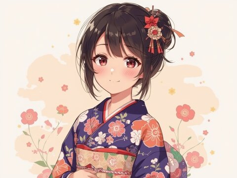 Beautiful anime girl in a traditional japanese kimono with floral patterns