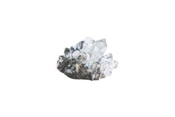 Beautiful clear quartz crystal cluster with sparkling facets grows from a textured dark rock base