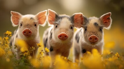close-up of three piglets in nature, playful expressions, standing among yellow flowers in the forest, soft bokeh background, springtime atmosphere