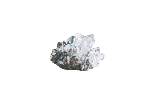 Beautiful clear quartz crystal cluster with sparkling facets grows from a textured dark rock base