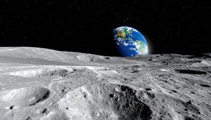 Moon surface close-up with visible Earth; craters and rocky terrain under a dark starry sky