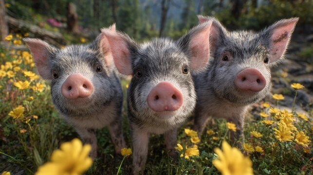 three cute little pigs standing together in a sunny forest meadow filled with yellow wildflowers, looking curiously at the camera, warm natural light, photorealistic style